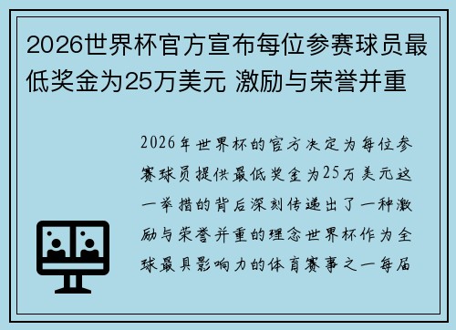 2026世界杯官方宣布每位参赛球员最低奖金为25万美元 激励与荣誉并重