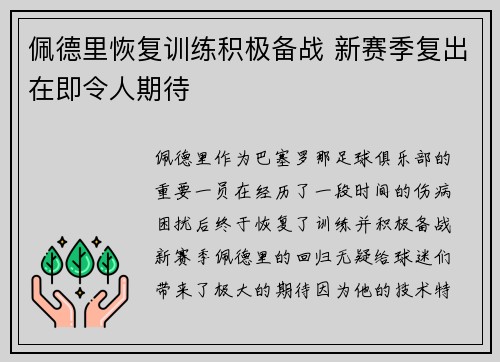 佩德里恢复训练积极备战 新赛季复出在即令人期待 佩德里恢复训练积极备战 新赛季复出在即令人期待